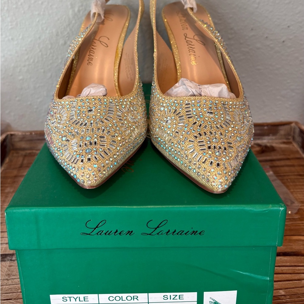 Lauren Lorraine “Rachel” Embellished Slingback Heels, Nude/Gold, size 10, BNIB